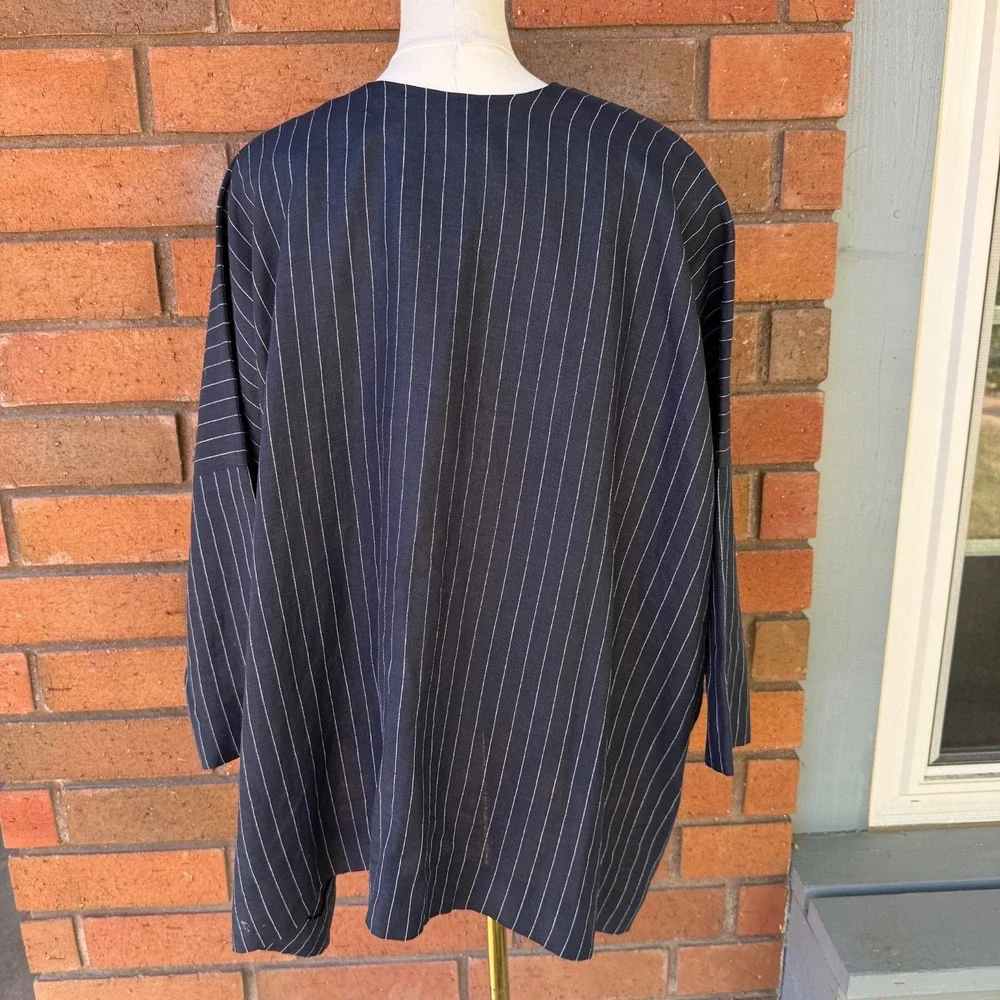 Shirin Guild Kimono Inspired Jacket Open Art Lagenlook Striped | Blue | Medium